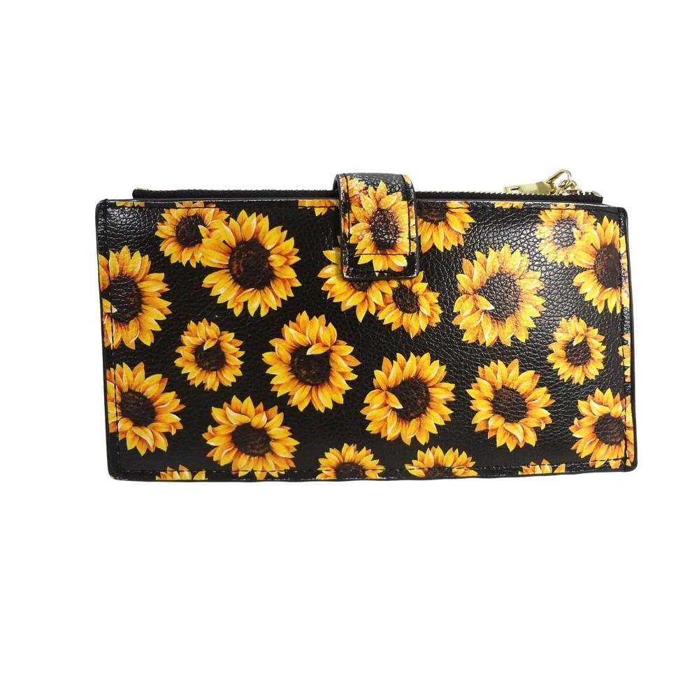 Sunflower Print Slim Bifold Wallet Black Yellow Faux Leather Dual‎ Zip Organizer